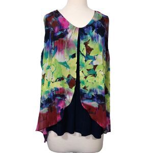 Simply Emma Shirt Top Lagenlook Flowy Sleeveless Women Plus 1X Watercolor Floral